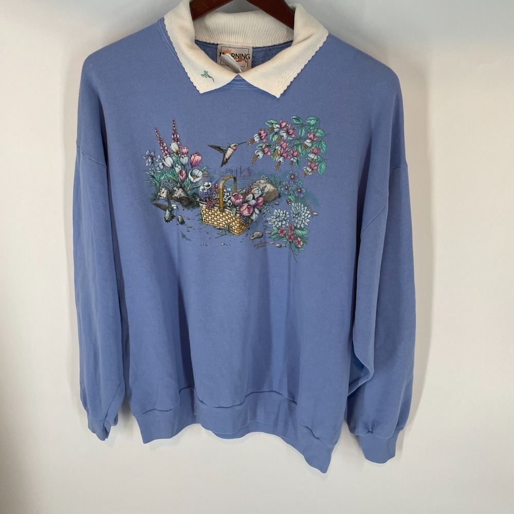 Vintage 90's Morning Sun Autumn Collared Graphic Sweatshirt Pastel Blue Size XL